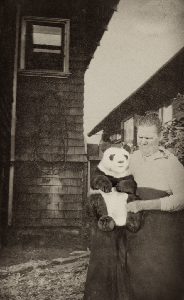 Manipulated found photo: Lady holding Panda.