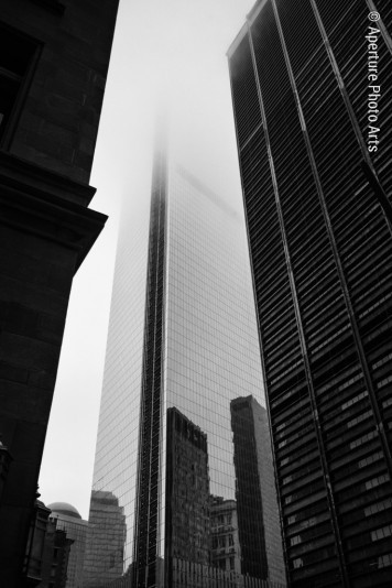 NYC, skyscrapers, fog, street view