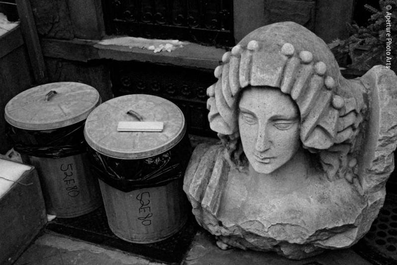 NYC Garbage, garbage cans, statue fragment,