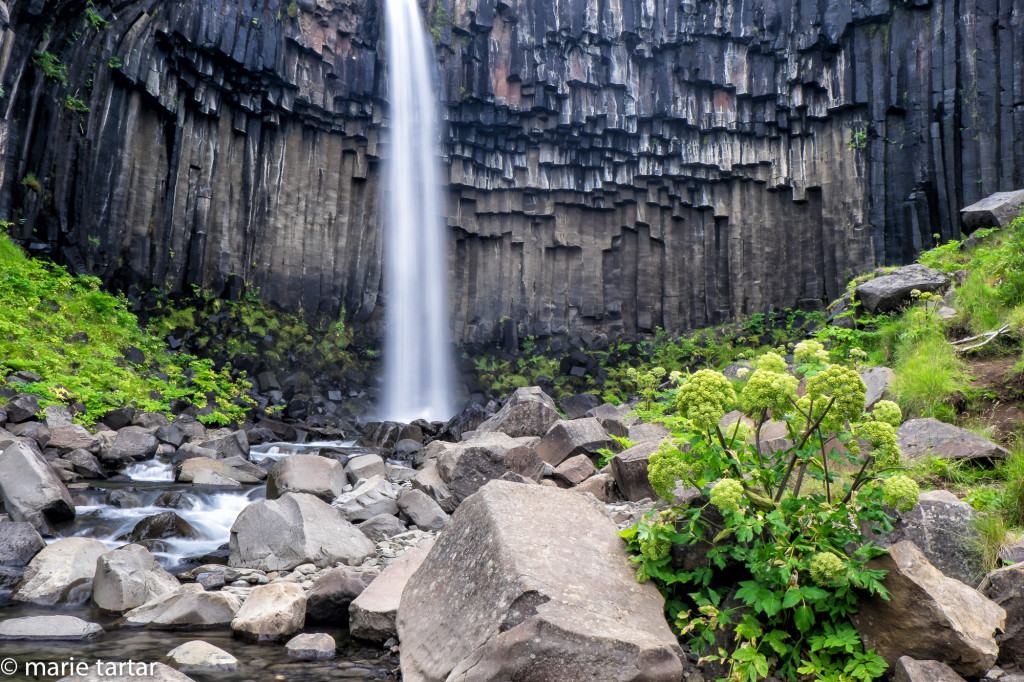 Basalt columned waterfall in Skaftafell Park in Iceland