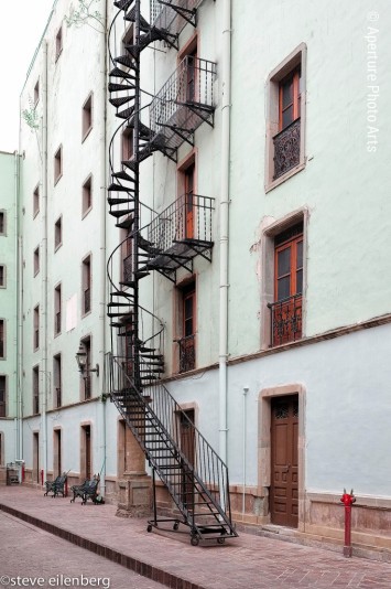 Guanajuato Mexico, spiral staircase, spiral fire escape, building, street view, street photography