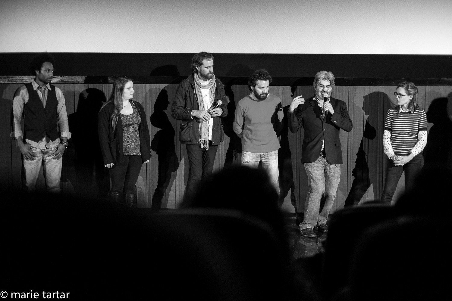Writer, director and actor Tukel (2cd from right) fields questions from the audience after the screening of "Applesauce" at the Tribeca Film Festival, accompanied by 4 other actors from the film and an intern (2cd from left).