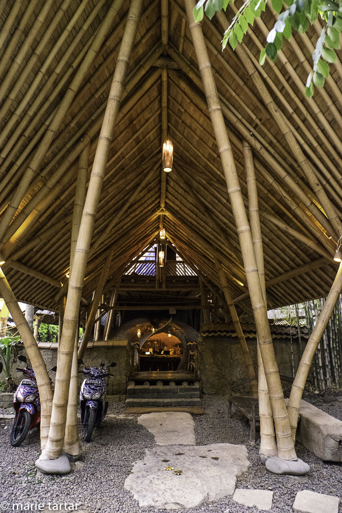 Soaring bamboo reception hall at Bambu Indah, near Ubud, Bali