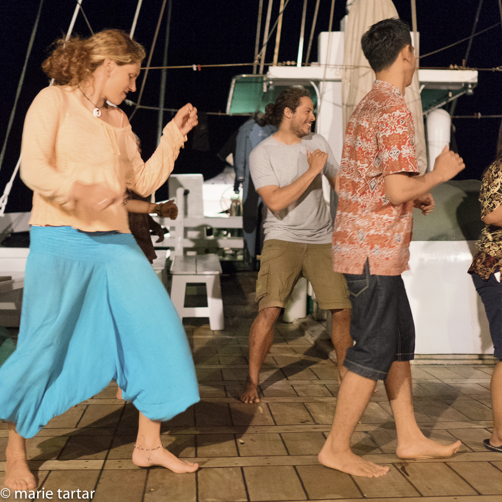Dive guides Lea and Ronan and steward Herif have the line dancing moves down at Club Pindito