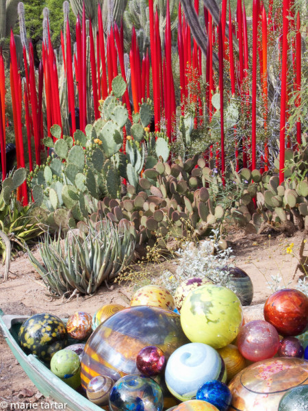 A boat full of floats and spiky red cactuslike forms at Chihuly installation at the Desert Botanical Garden in Phoenix in 2009