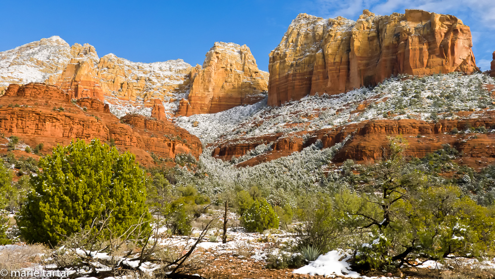 Sedona red rocks with snow in winter