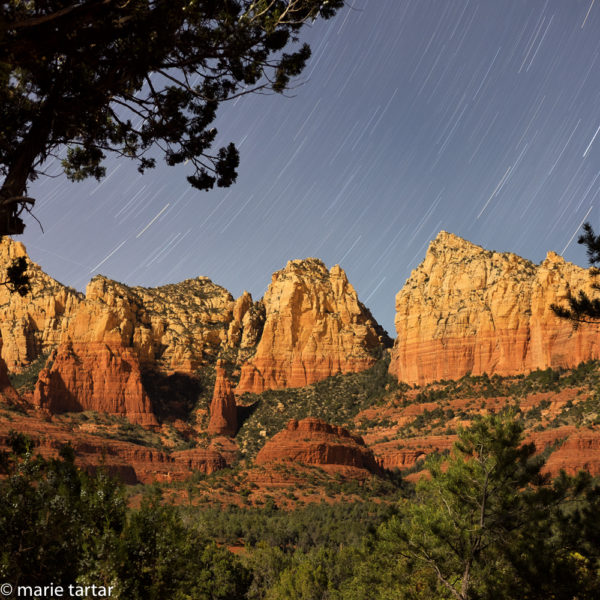 Sedona star trails: Enough moon to light up the red rock range, but not so much as to diminish the stars, and windless: all the ingredients with there; from the yard