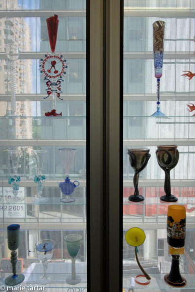 Even the stairwell is put to good use at MAD, Museum of Art and Design, with a display of glass chalices
