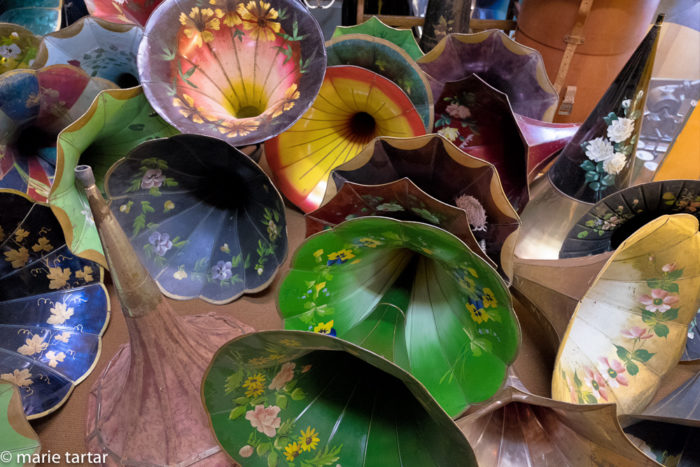 A colorful cornucopia of phonograph horns at Musée Edison du Phonograph