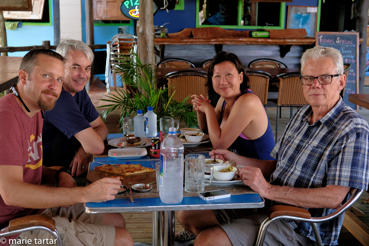 Hergen, Micheal, Joyce and Burt at lunch at Water's Edge; I enjoyed the goat curry, Joyce less so