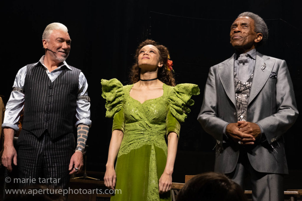 Patrick Page (Hades), Amber Gray (Persephone) and André de Shields (Hermes) drink in well deserved applause after the final curtain at Hadestown; all three would be nominated for Tonys for their roles, with André winning Best Featured Actor in a Musical, one of 8 Tonys Hadestown would win. 
