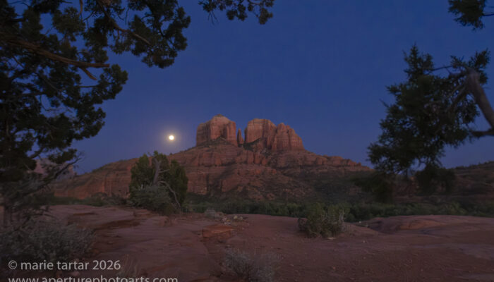 Cathedral Rock in Sedona at night with rising moon